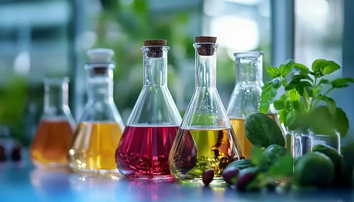 مهمترین اسیدهای خوراکی؛ کاربرد، تفاوت و نقش آنها در صنایع غذایی 3 شیشه های آزمایشگاهی با مایع های رنگی